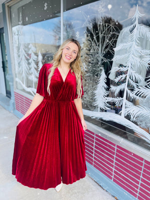 Wine Velvet V-Neck Midi Dress