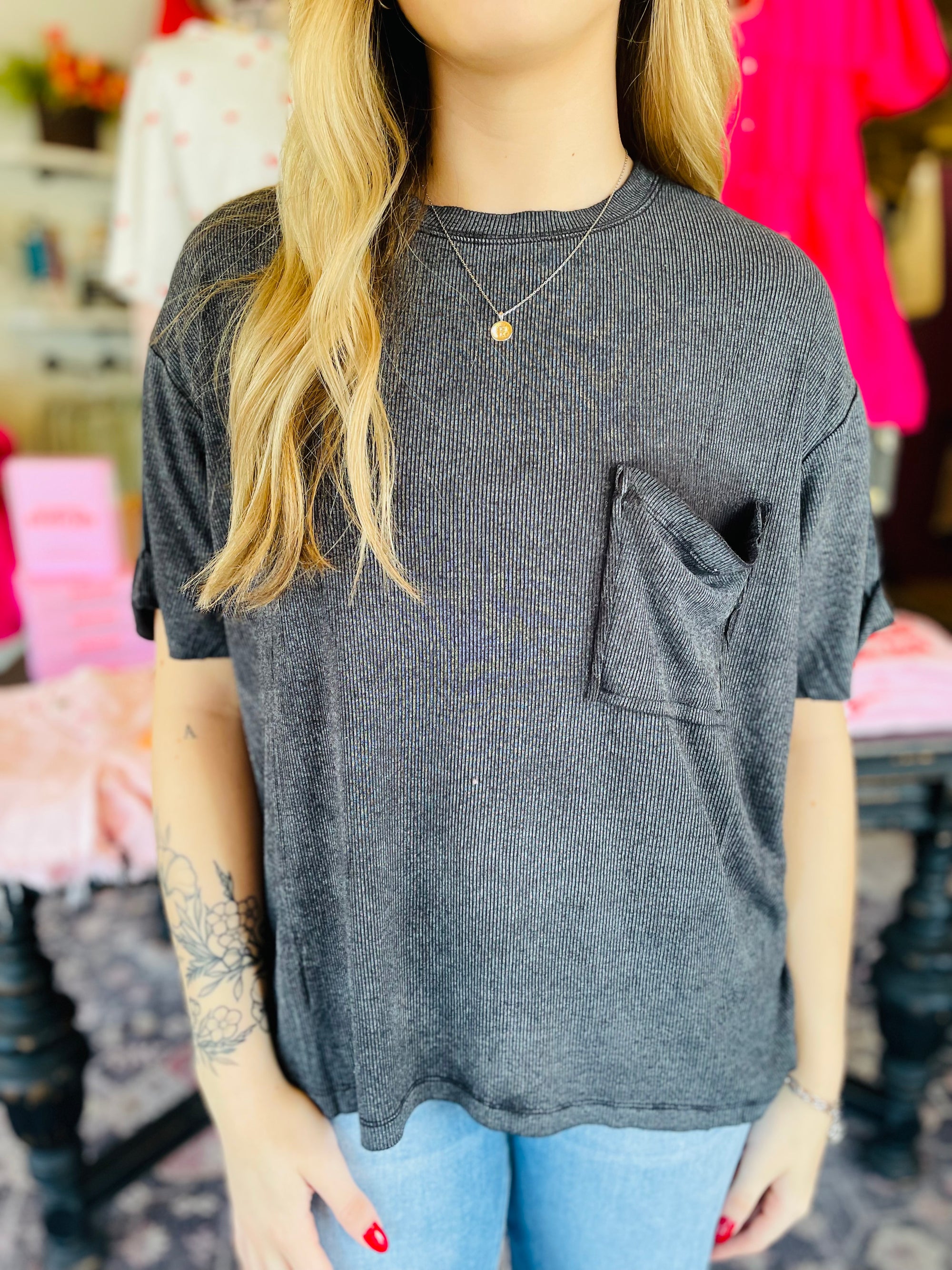 Black Mineral Wash Ribbed Slouchy Tee
