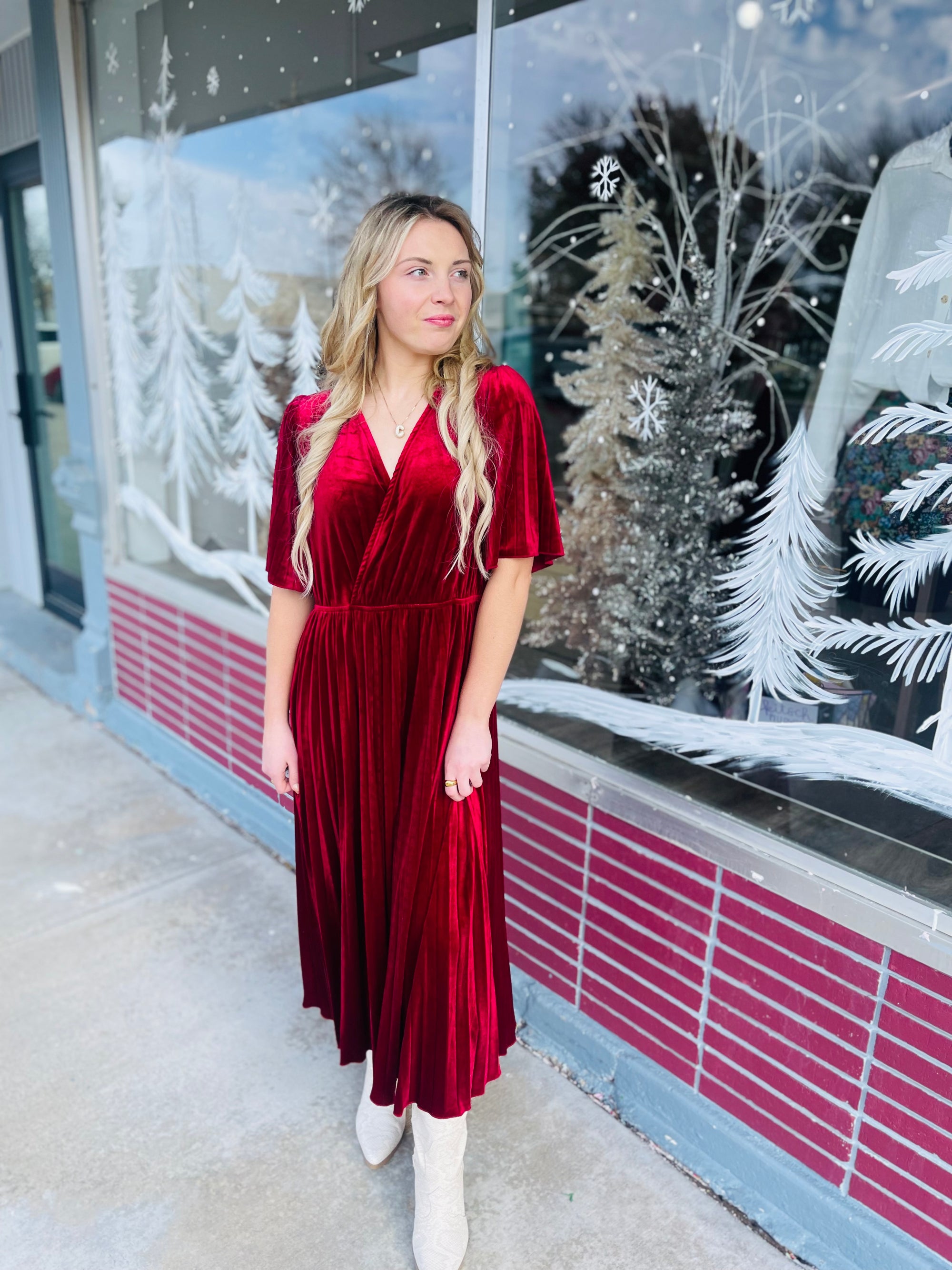 Wine Velvet V-Neck Midi Dress