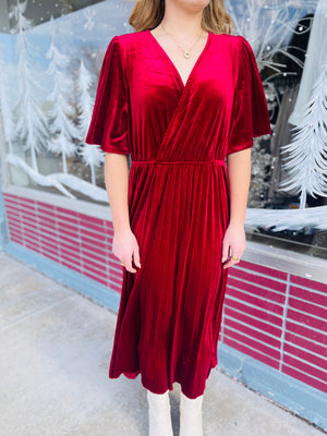 Wine Velvet V-Neck Midi Dress