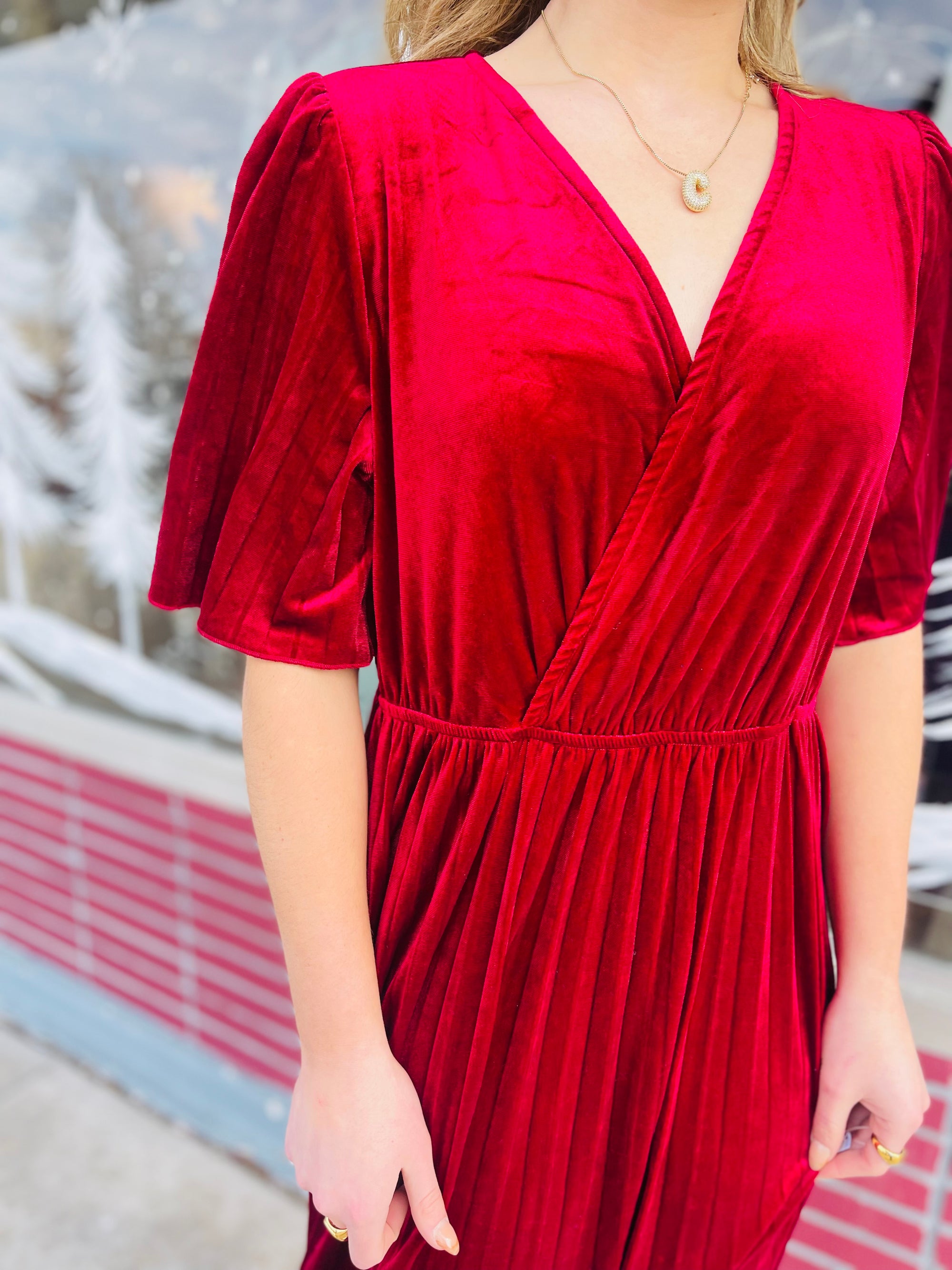 Wine Velvet V-Neck Midi Dress