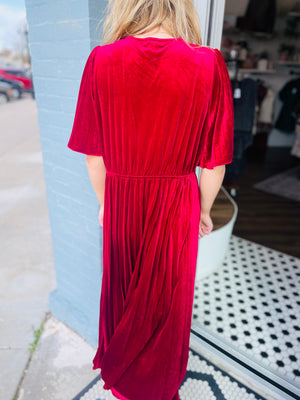 Wine Velvet V-Neck Midi Dress