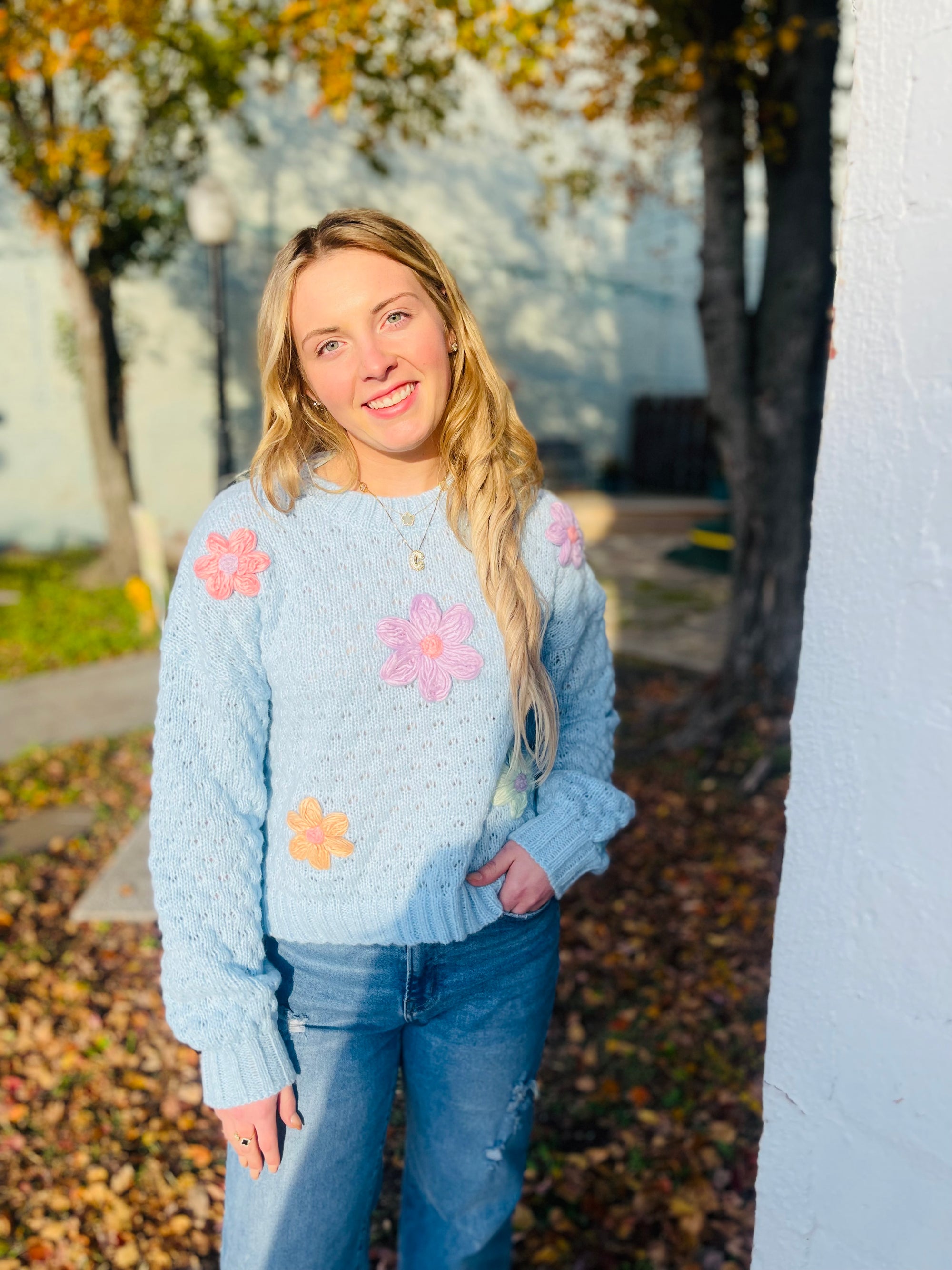 Sky Blue Flower Knit Sweater