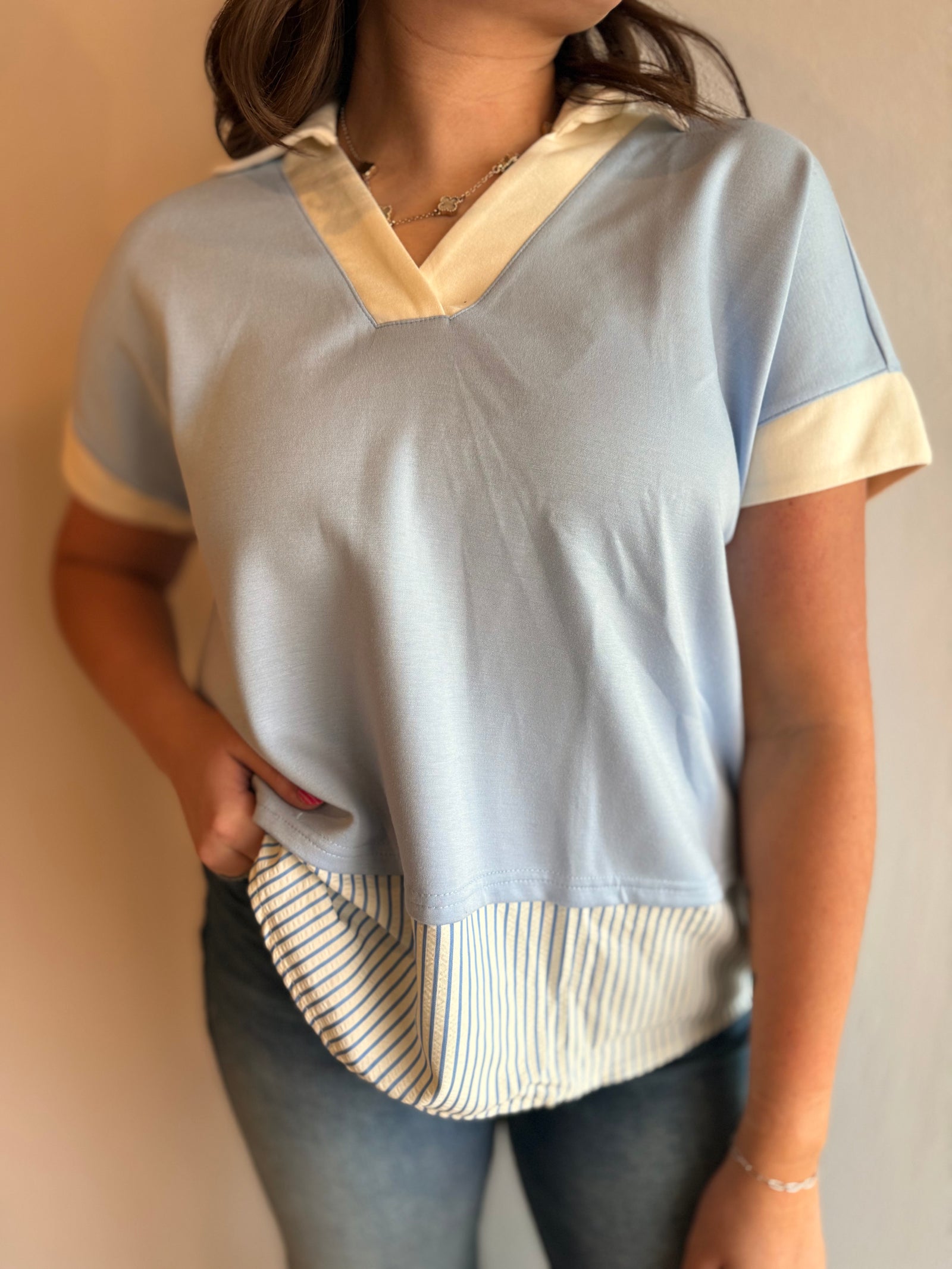 Light Blue Contrast Stripe Top
