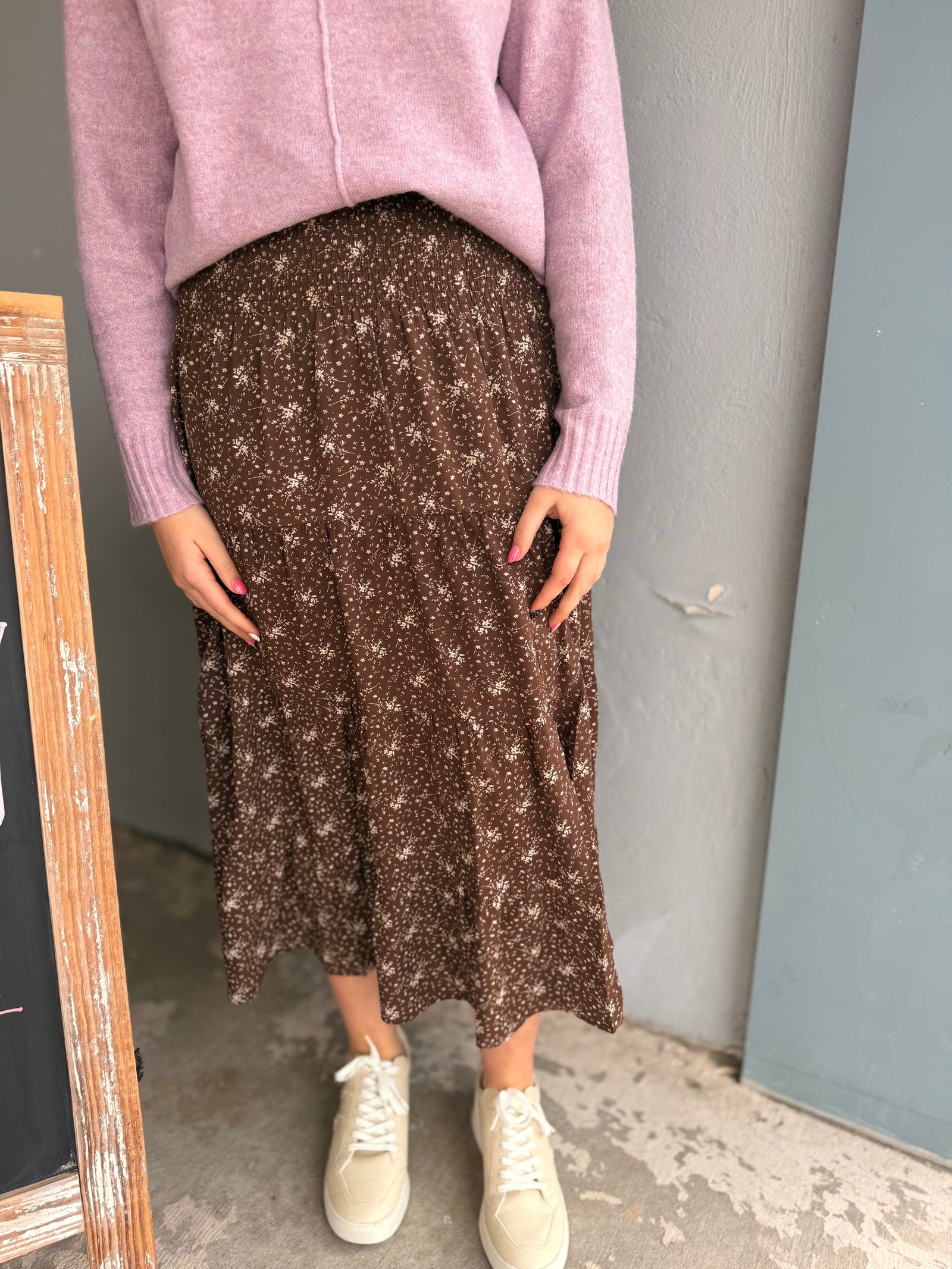 Chocolate + Taupe Floral Mix Maxi Skirt