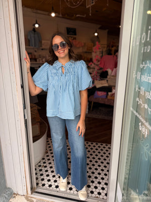 Blue Stripe Puff Sleeve Tie Neck Top