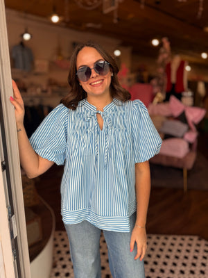 Blue Stripe Puff Sleeve Tie Neck Top