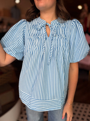 Blue Stripe Puff Sleeve Tie Neck Top