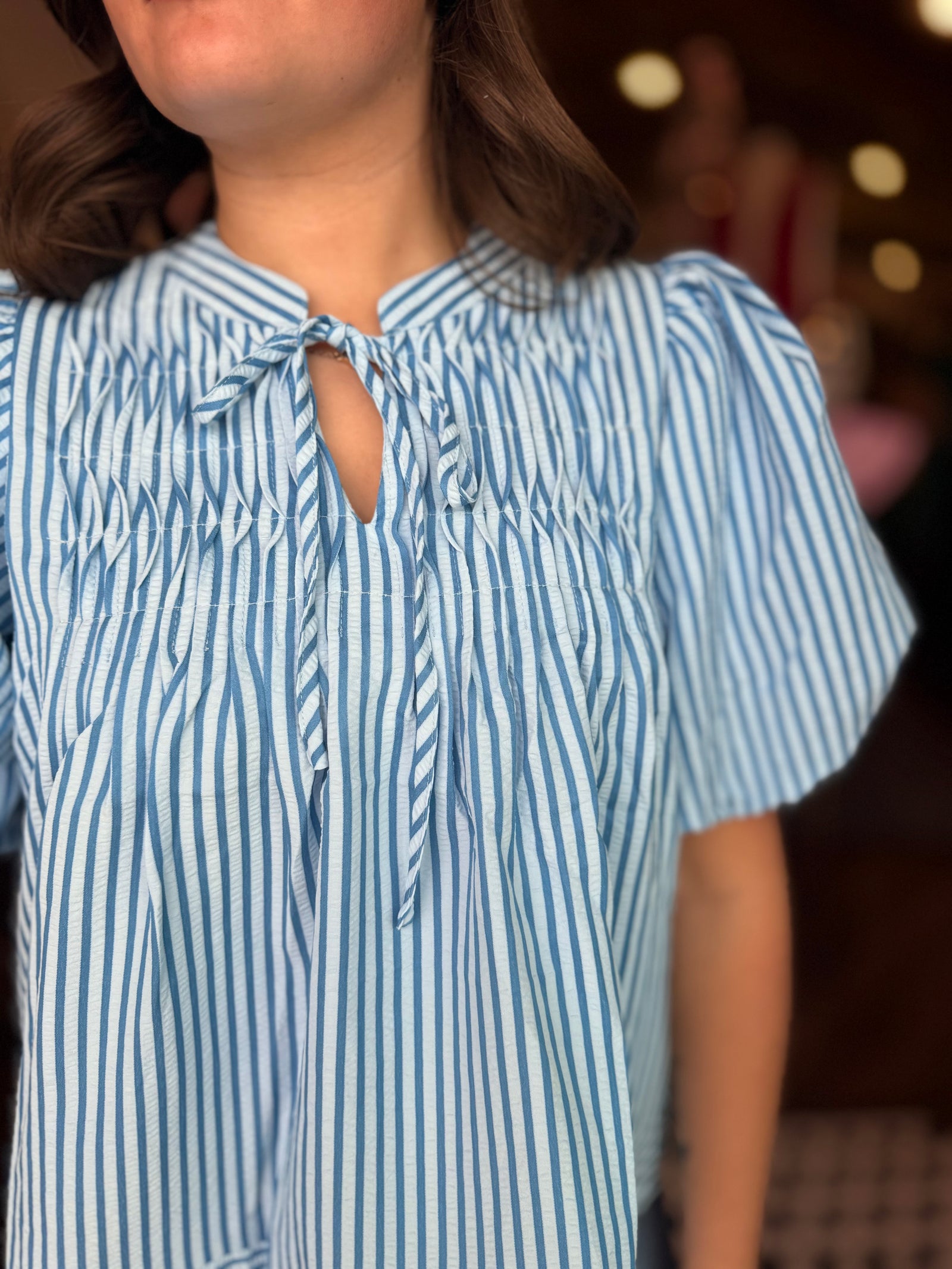 Blue Stripe Puff Sleeve Tie Neck Top