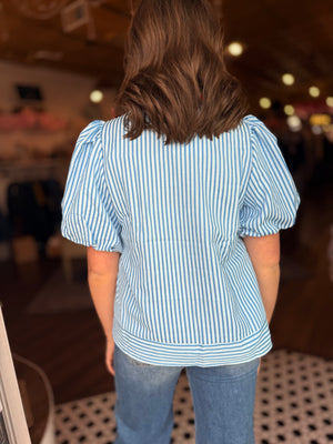 Blue Stripe Puff Sleeve Tie Neck Top