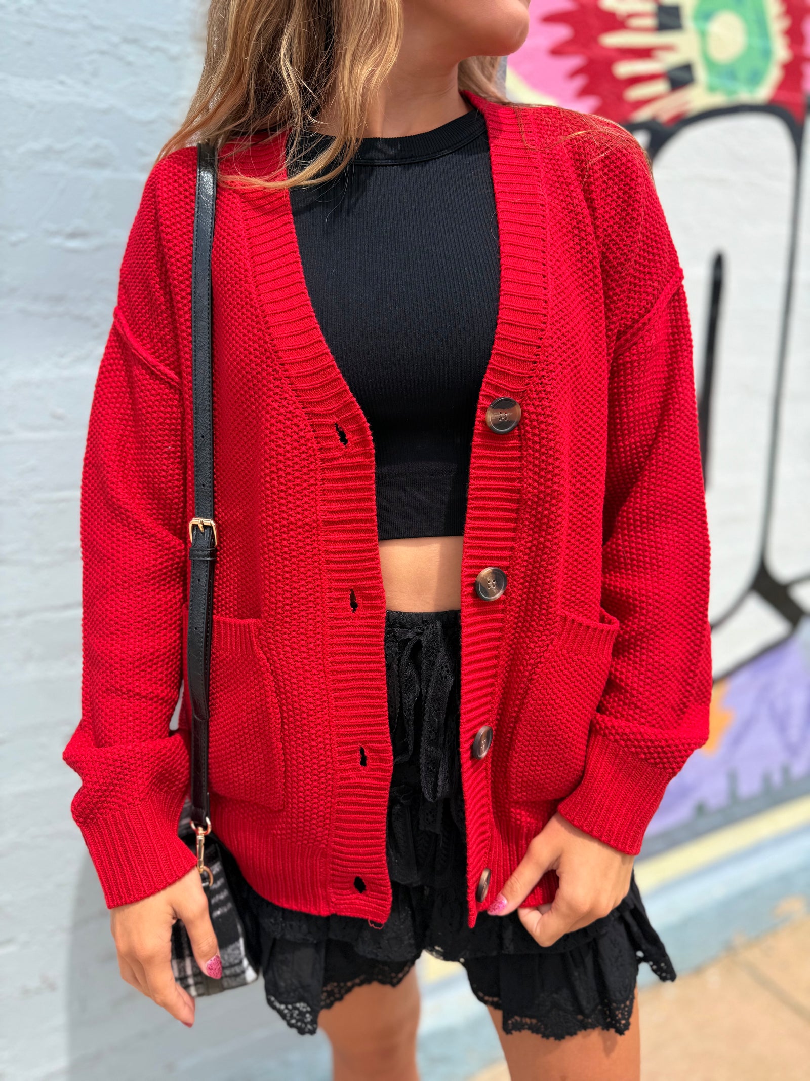 Hyfve Red Texture Knit Oversized Cardigan
