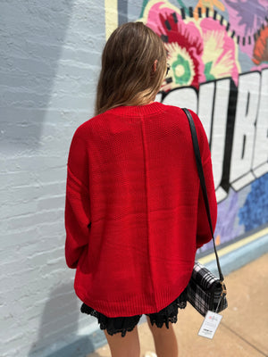Hyfve Red Texture Knit Oversized Cardigan