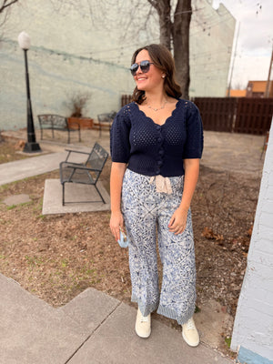 Blue Woven Wide Leg Printed Pants w/ Contrast Hem