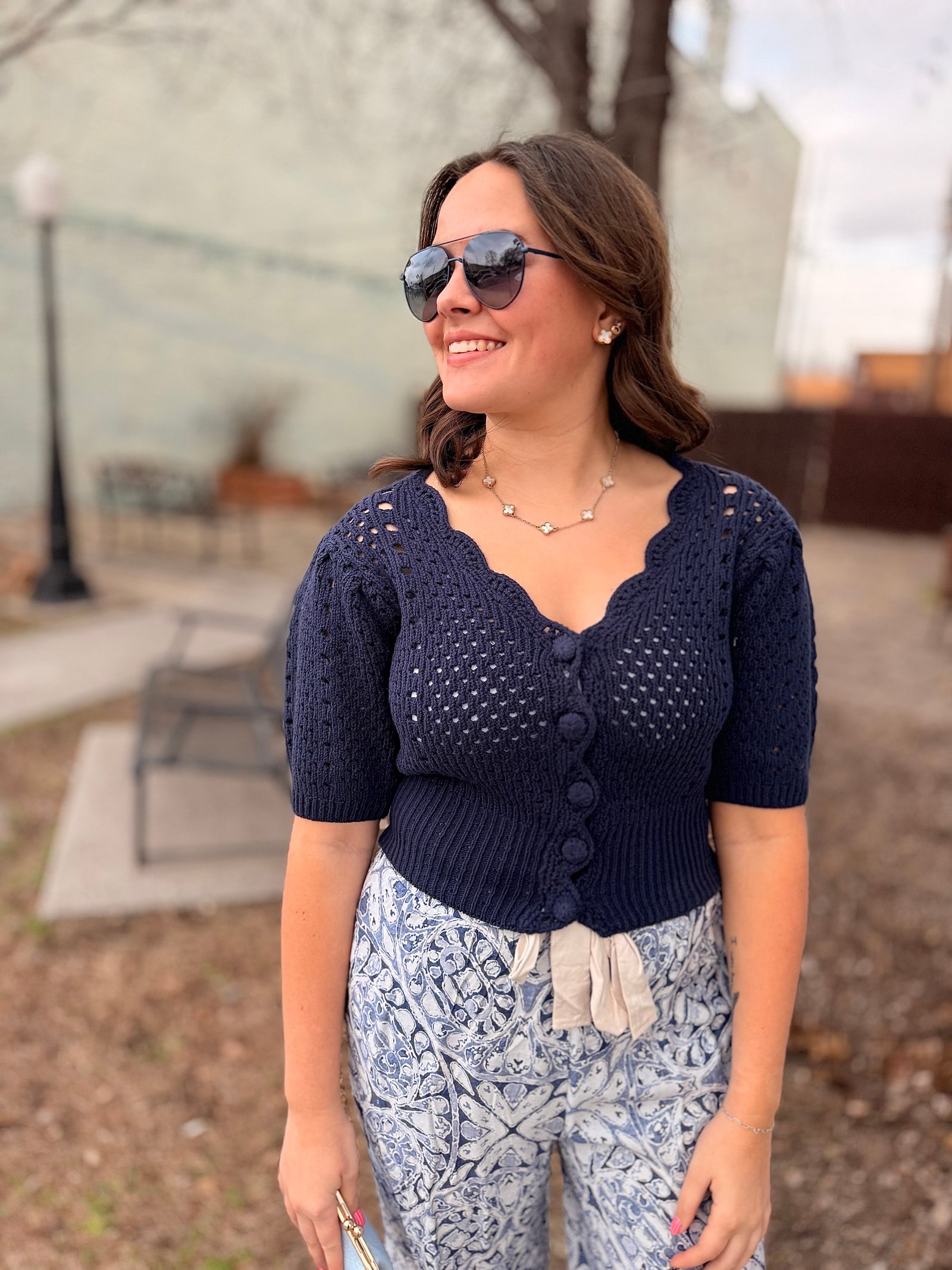 Navy Short Sleeve Open Knit Scallop Cardigan