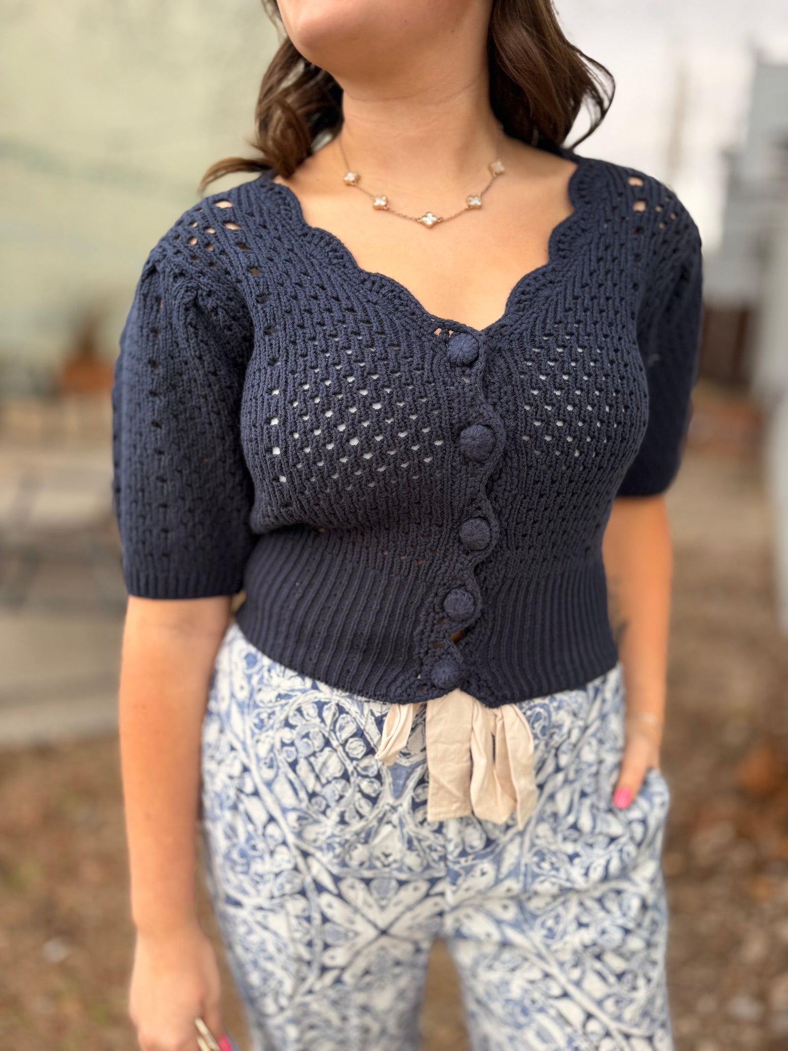 Navy Short Sleeve Open Knit Scallop Cardigan