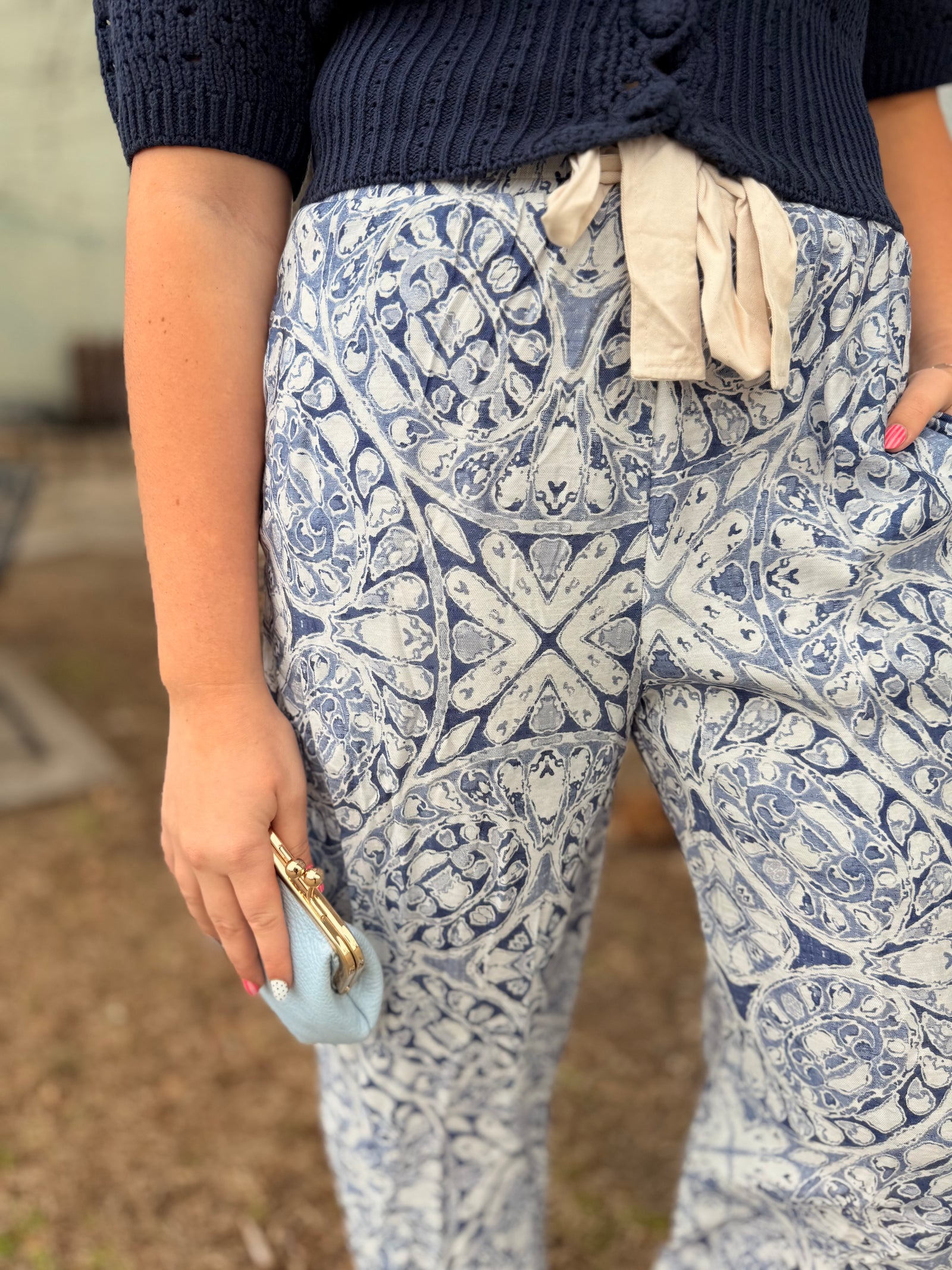 Blue Woven Wide Leg Printed Pants w/ Contrast Hem