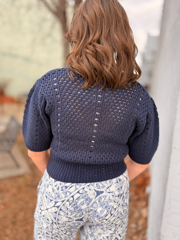 Navy Short Sleeve Open Knit Scallop Cardigan - Audacious Boutique Navy Short Sleeve Open Knit Scallop Cardigan - Audacious Boutique