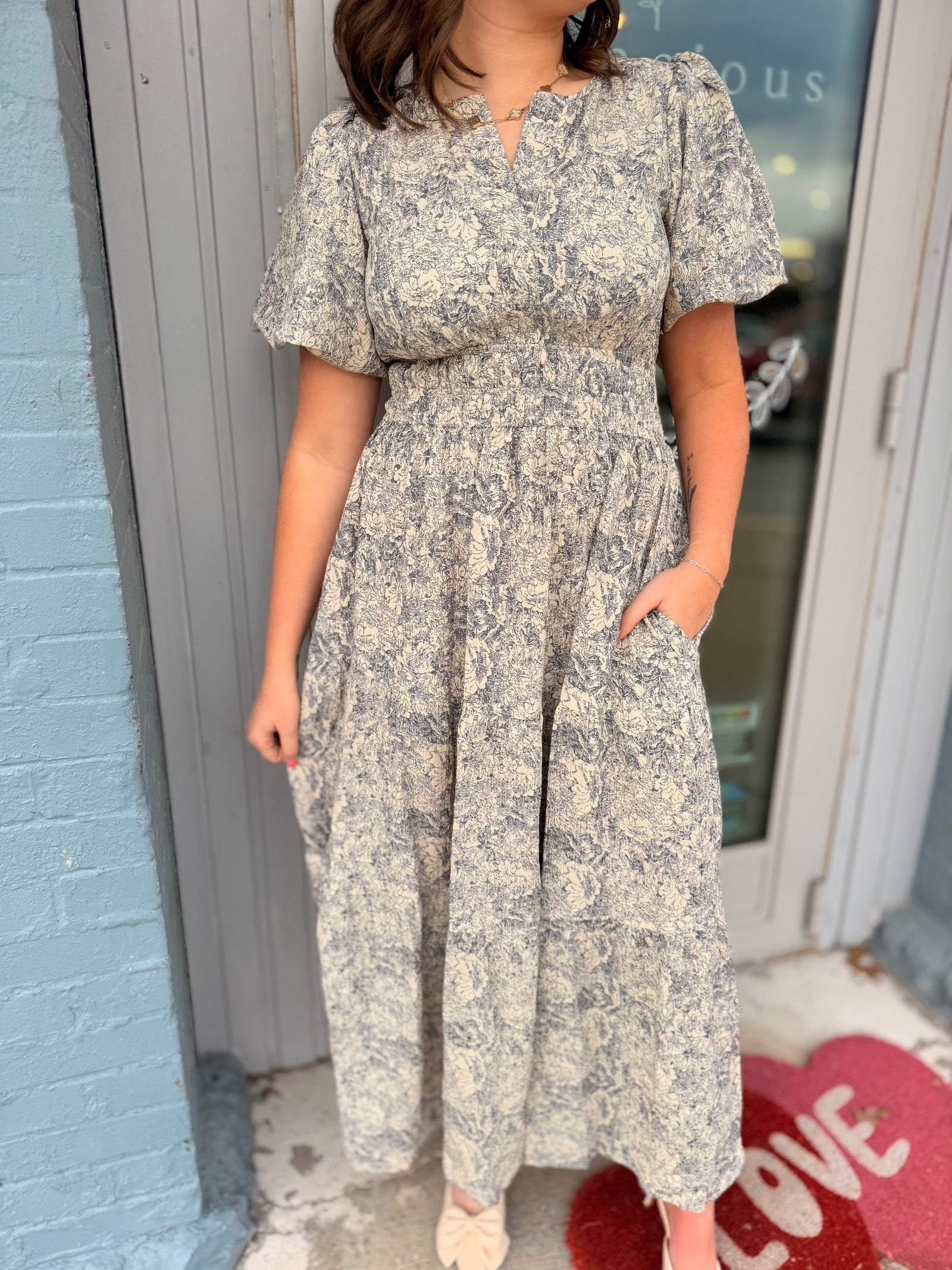 Navy Blue Vintage Floral Tiered Maxi Dress