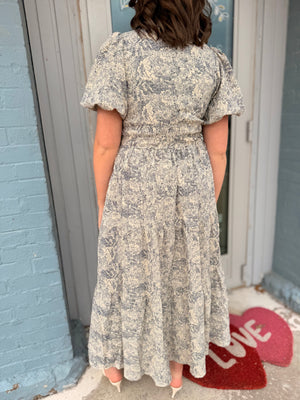 Navy Blue Vintage Floral Tiered Maxi Dress