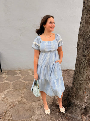 Blue Gingham Puff Sleeve Tiered Midi Dress