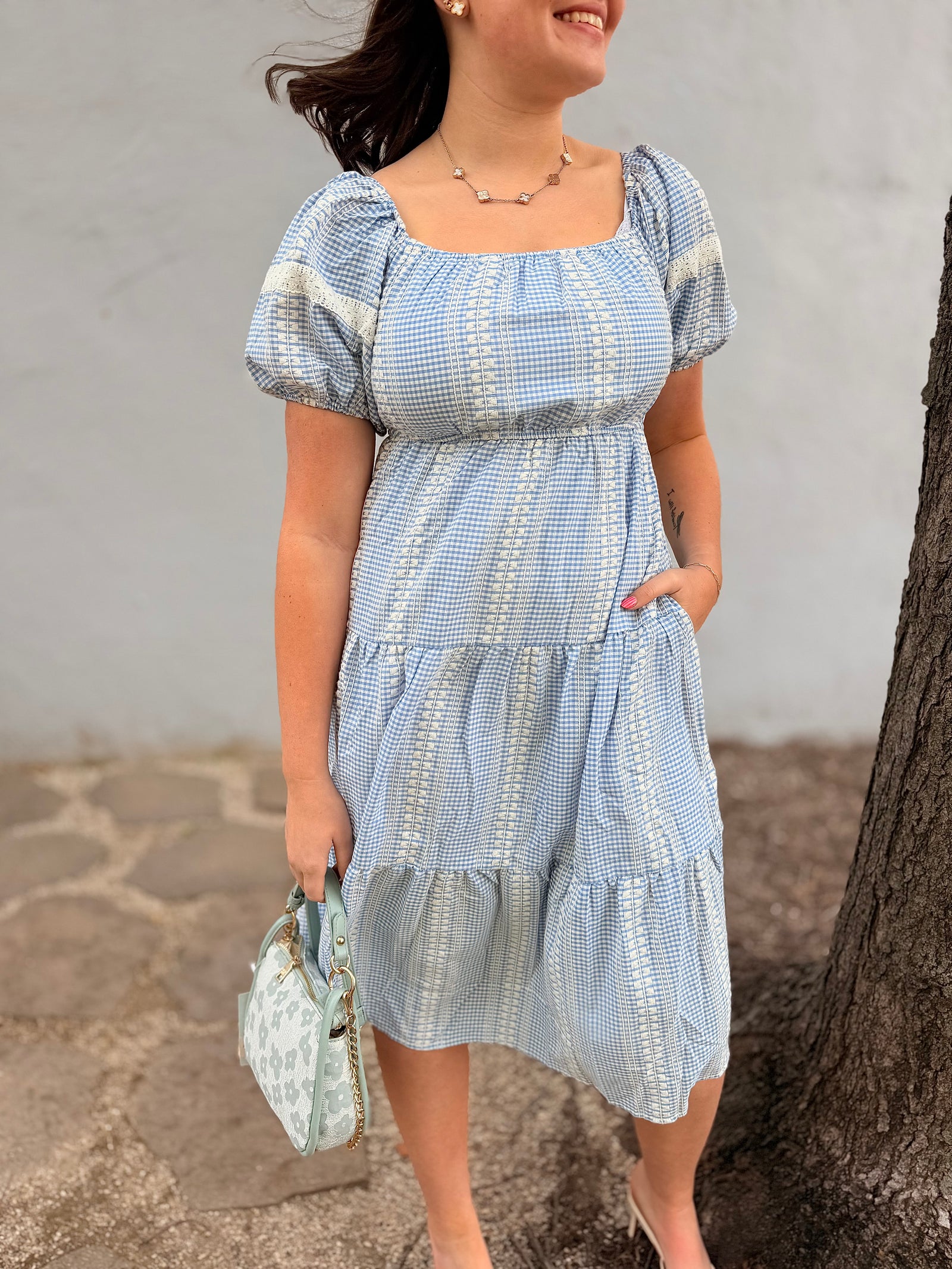 Blue Gingham Puff Sleeve Tiered Midi Dress