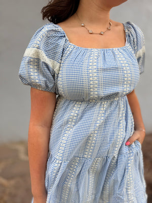 Blue Gingham Puff Sleeve Tiered Midi Dress