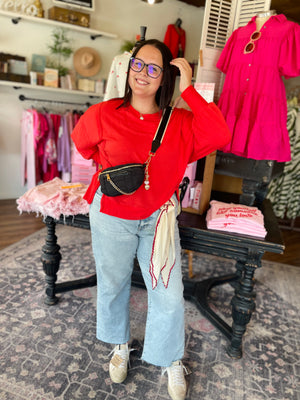 Red Exposed Seam High-Low Long Sleeve Top