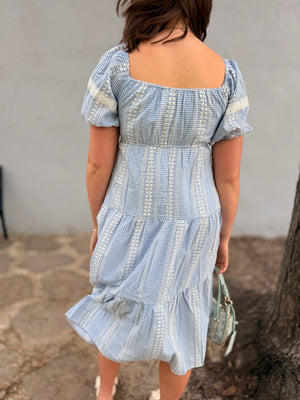 Blue Gingham Puff Sleeve Tiered Midi Dress