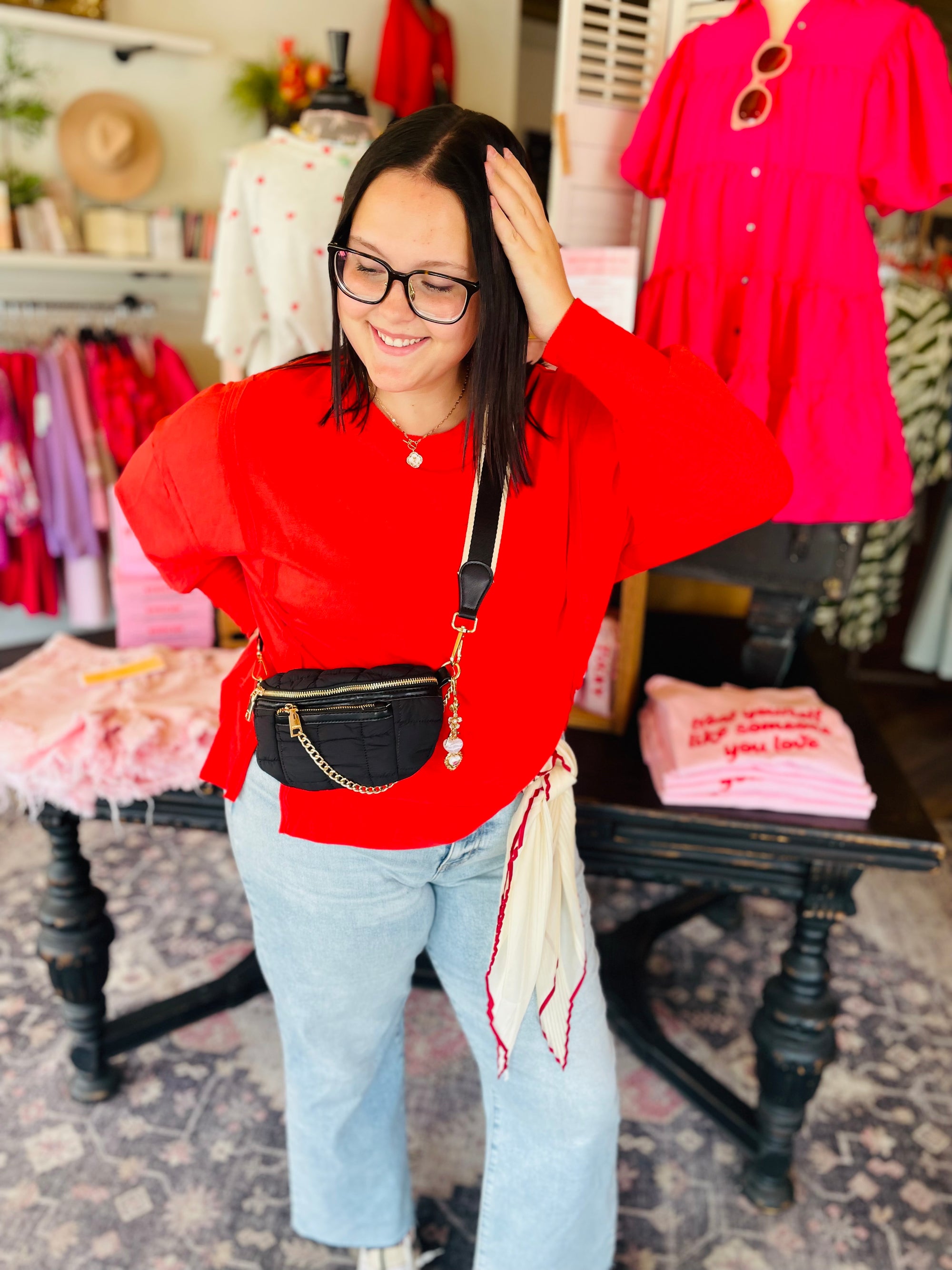 Red Exposed Seam High-Low Long Sleeve Top