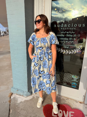 Blue Contrast Floral Puff Sleeve Midi Dress