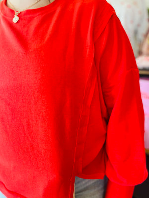 Red Exposed Seam High-Low Long Sleeve Top