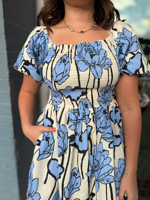 Blue Contrast Floral Puff Sleeve Midi Dress