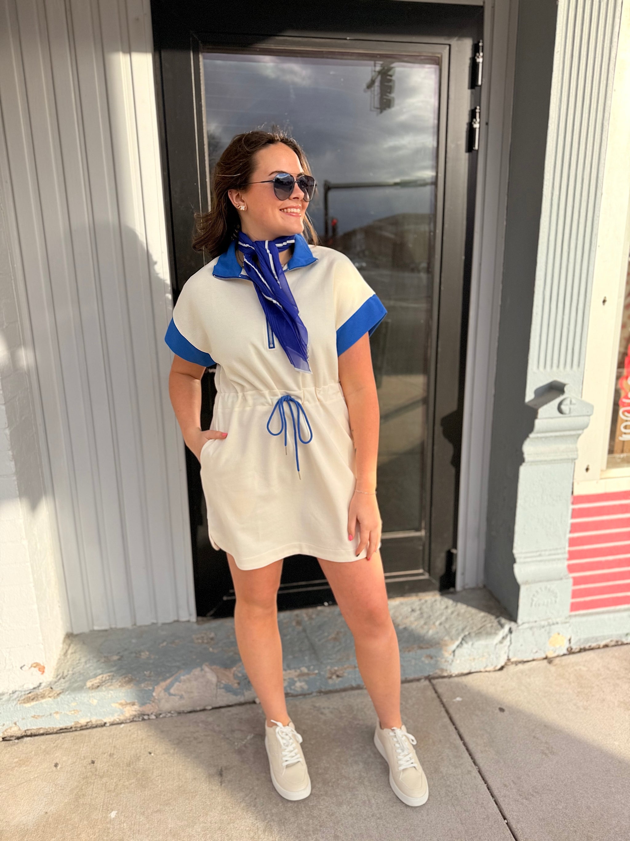 short sleeve knit mini dress Cream + Cobalt Blue Detail Short Sleeve Knit Mini Dress