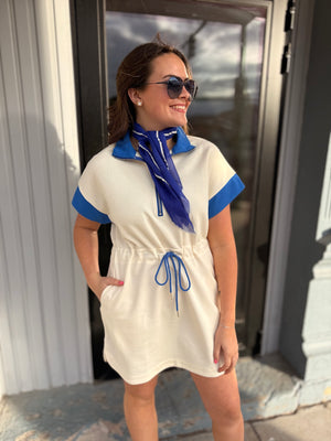 Cream + Cobalt Blue Detail Short Sleeve Knit Mini Dress