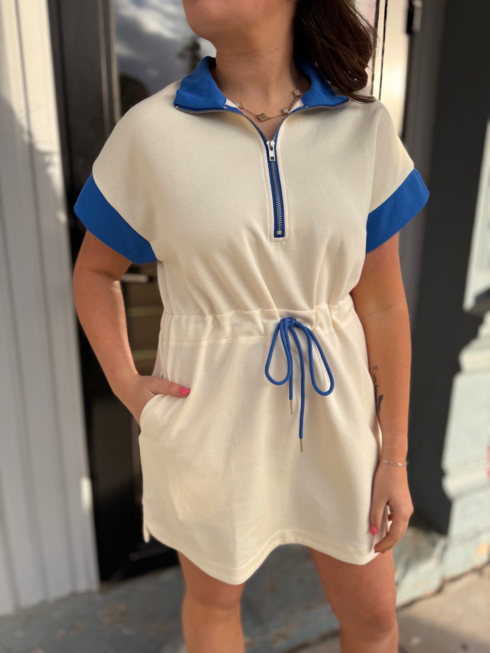 Cream + Cobalt Blue Detail Short Sleeve Knit Mini Dress