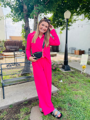 Fuchsia Textured Straight Leg Bottoms