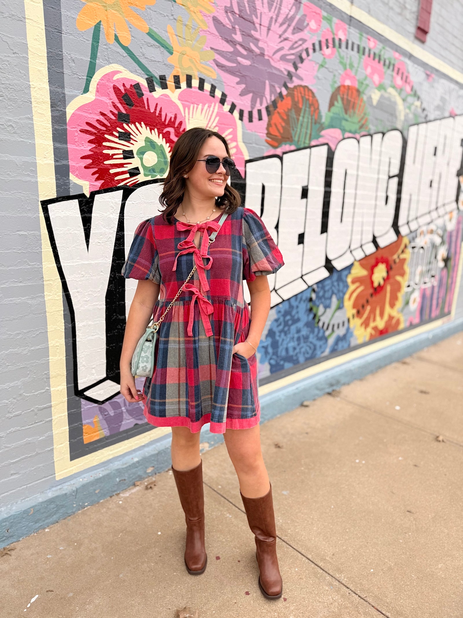 Easel Blue + Pink Plaid Mini Dress w/ Ties