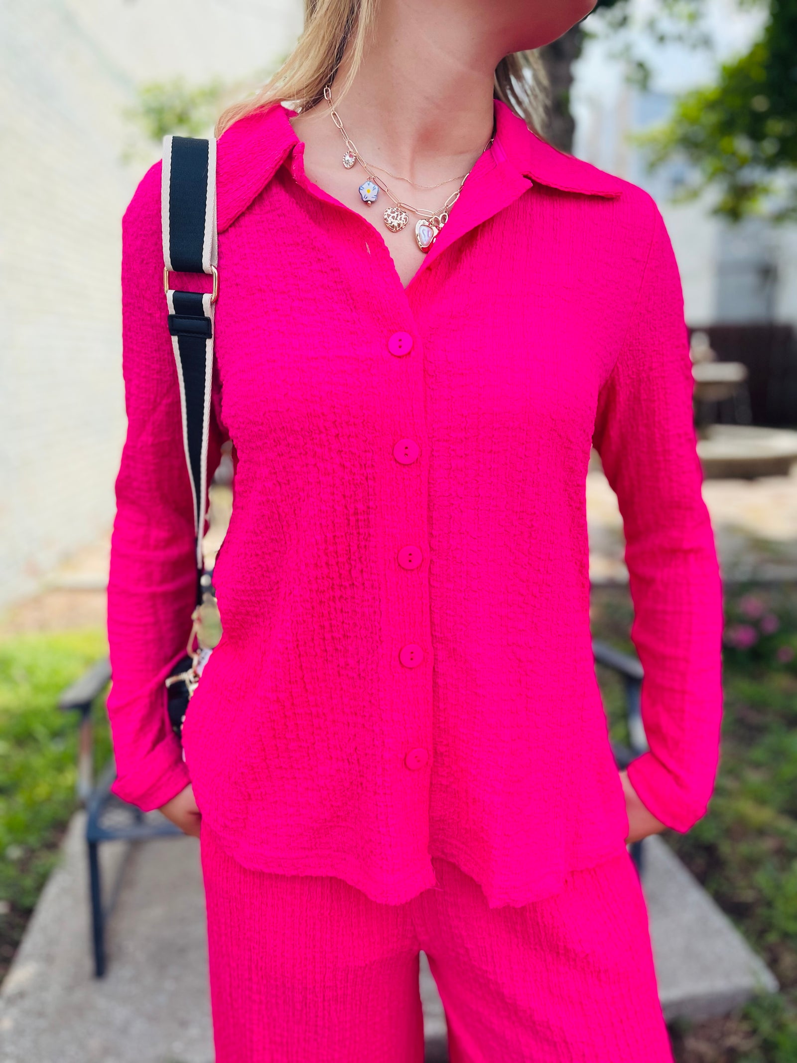 Fuchsia Textured Button Collared Button Up Blouse