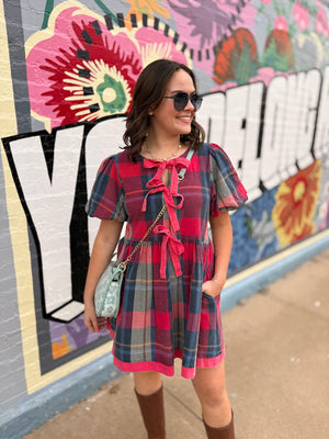 Easel Blue + Pink Plaid Mini Dress w/ Ties