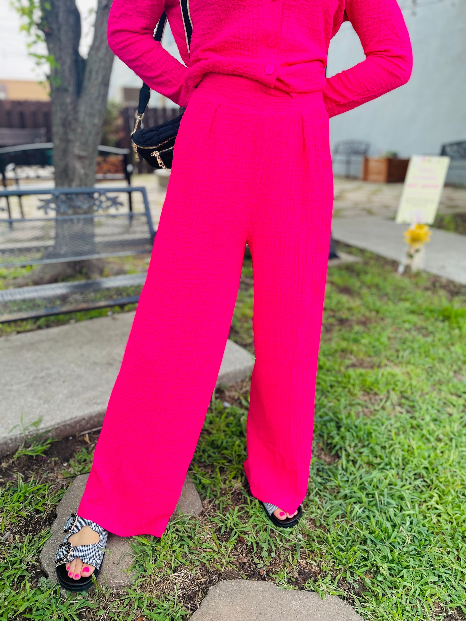 Fuchsia Textured Straight Leg Bottoms