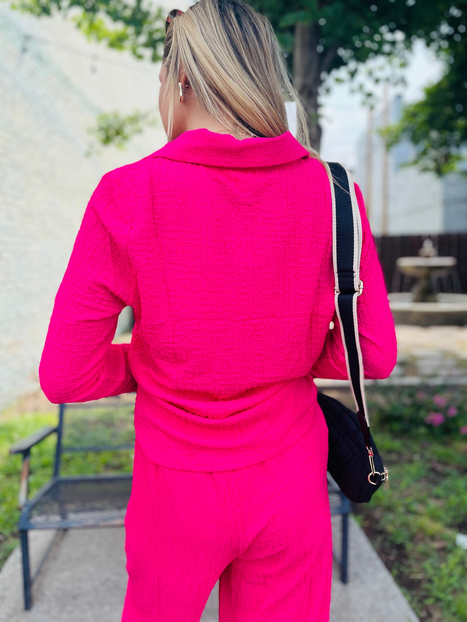 Fuchsia Textured Button Collared Button Up Blouse