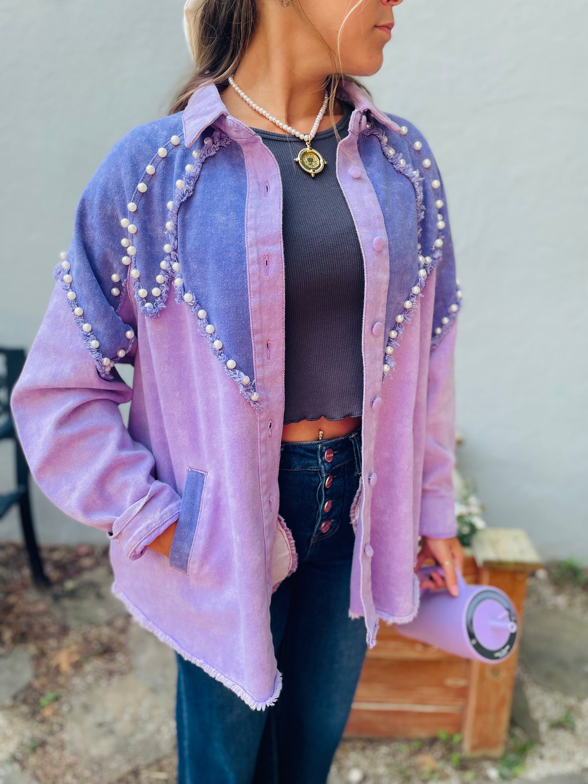 Lavender Pearl Studded Denim Jacket