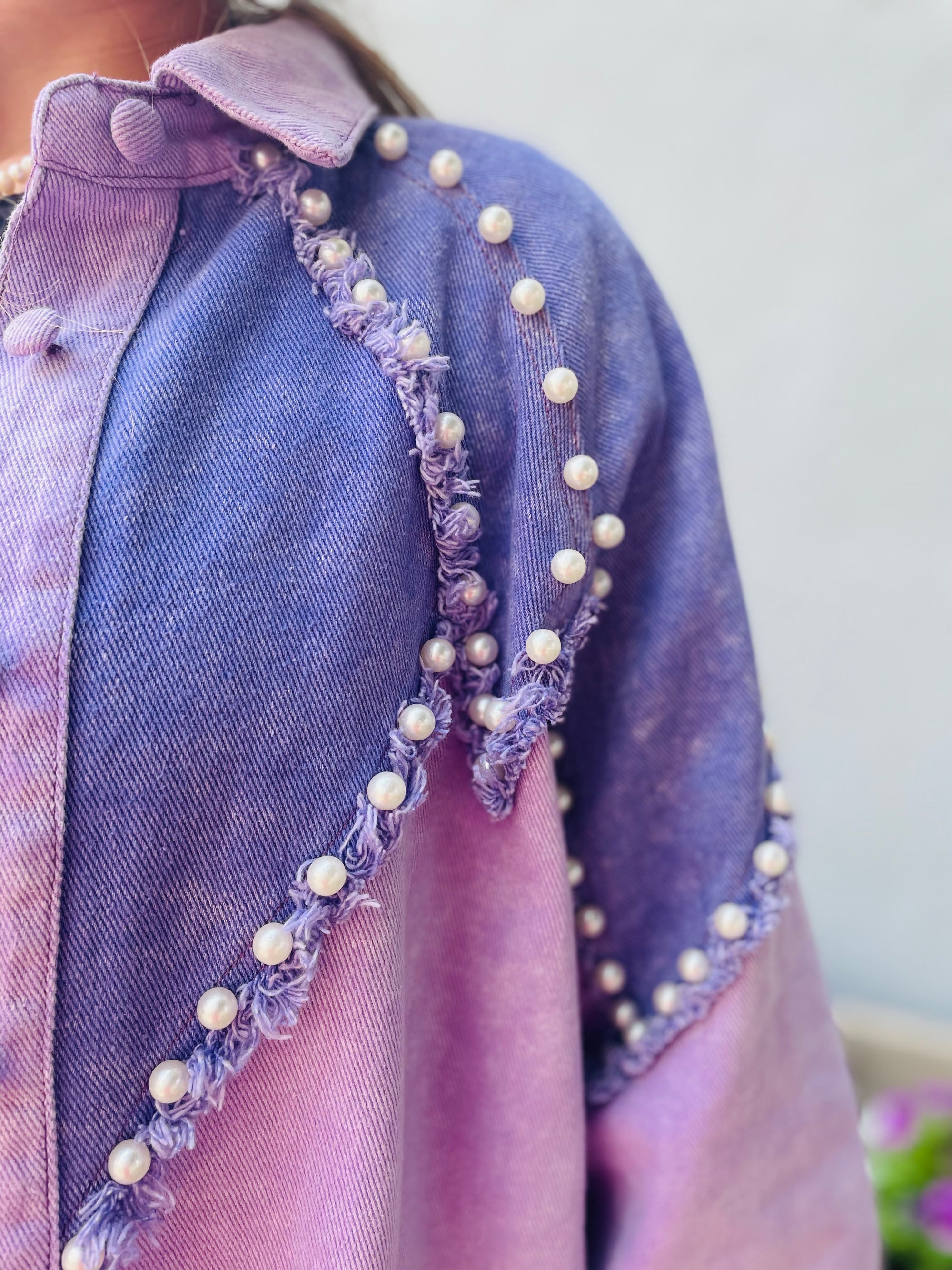 Lavender Pearl Studded Denim Jacket