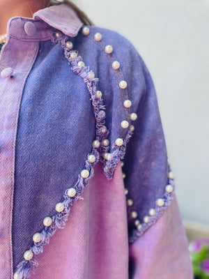 Lavender Pearl Studded Denim Jacket