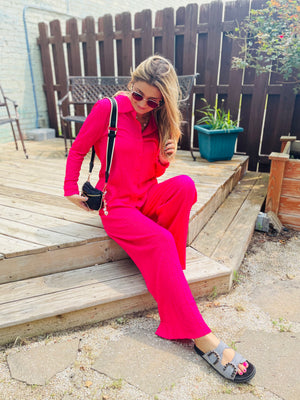 Fuchsia Textured Button Collared Button Up Blouse