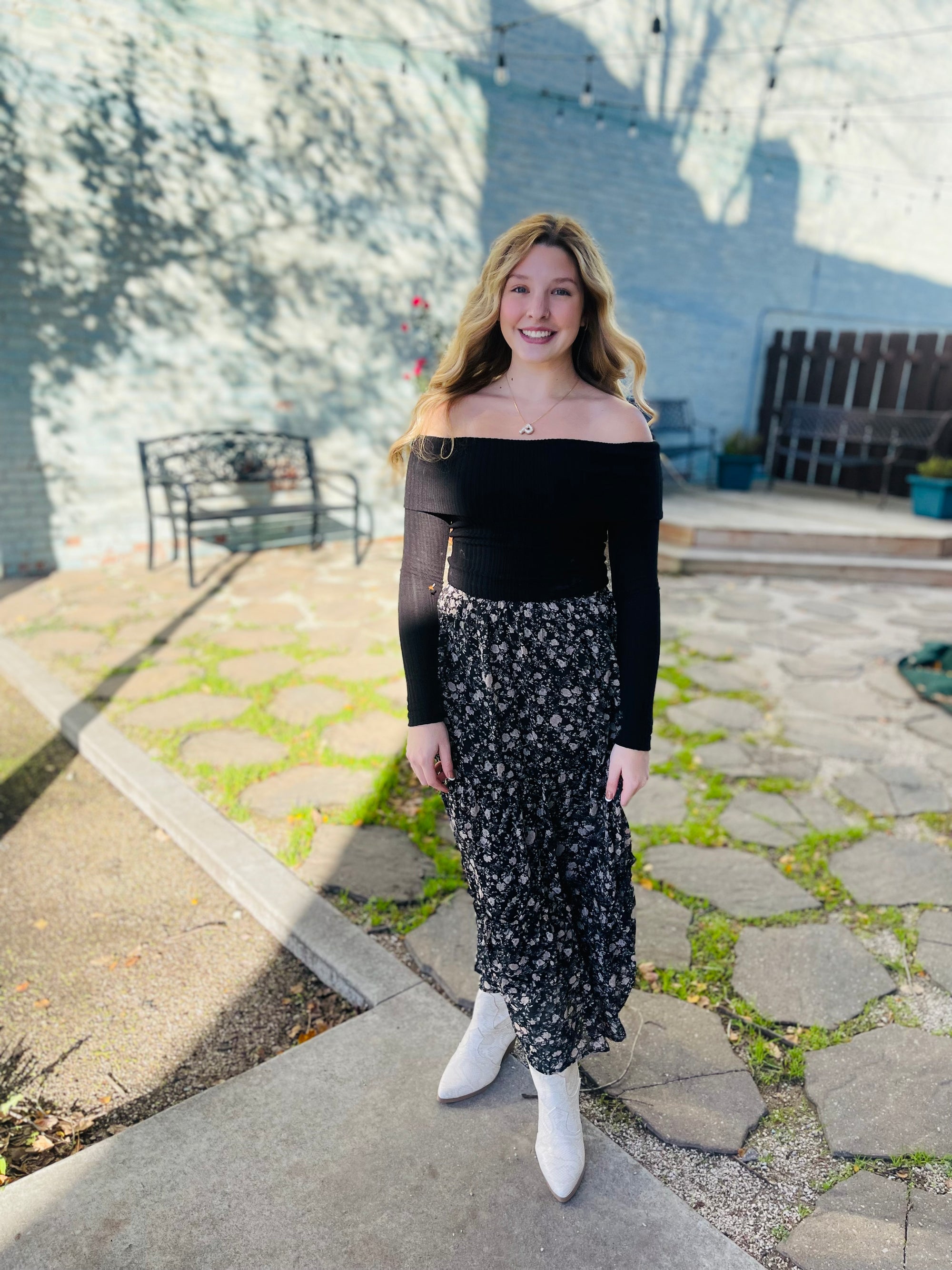 Black Floral Print Maxi Skirt