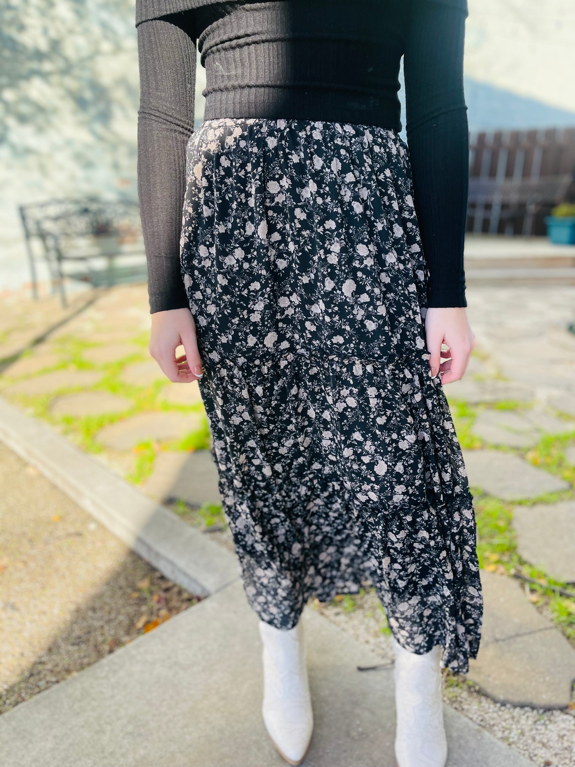 Black Floral Print Maxi Skirt