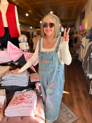 Easel Light Wash Floral Denim Overalls