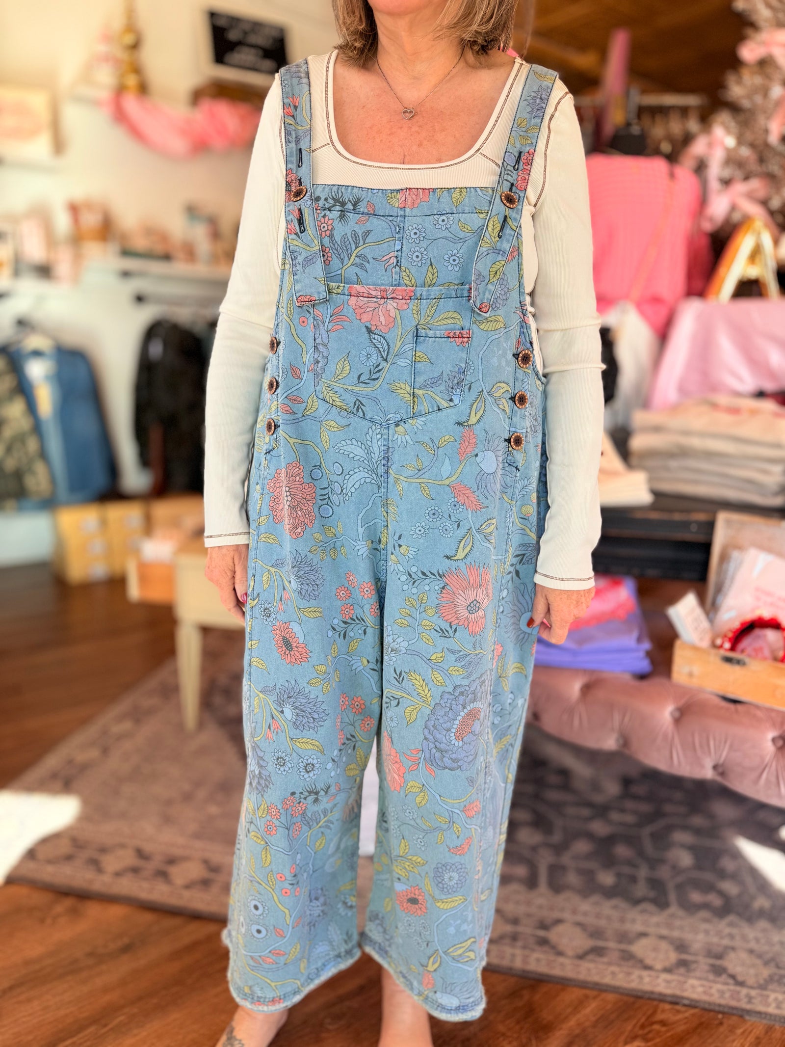 Easel Light Wash Floral Denim Overalls