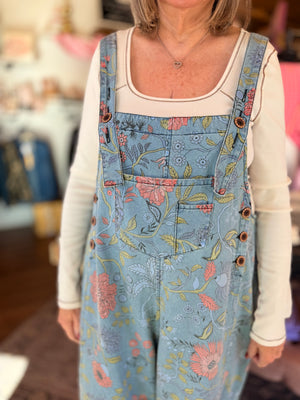 Easel Light Wash Floral Denim Overalls